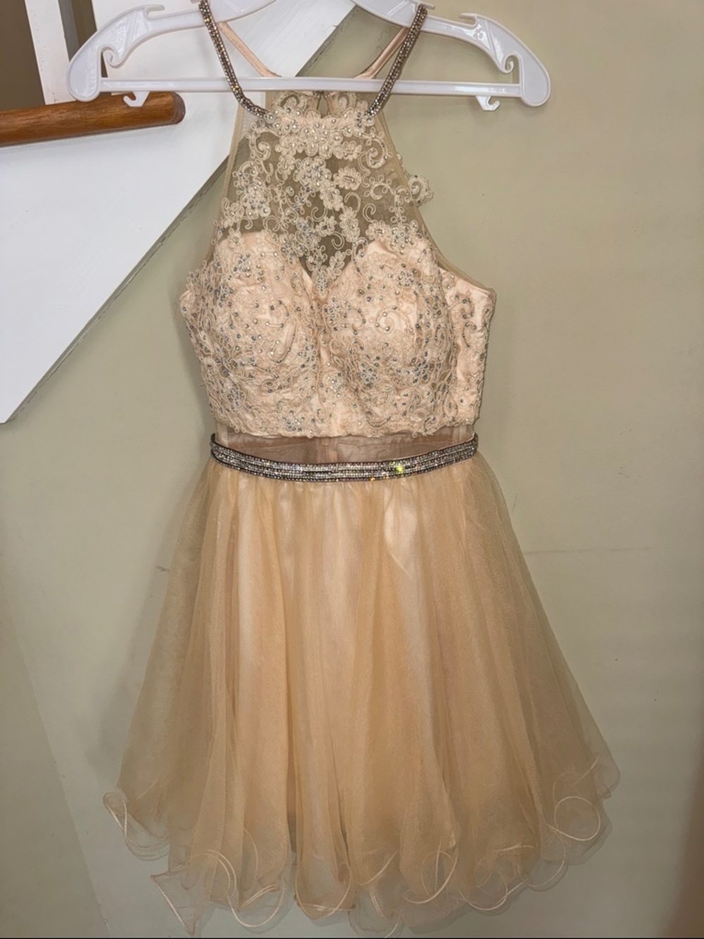 Dancing Queen Peach Beaded Halter Tulle Prom Dress